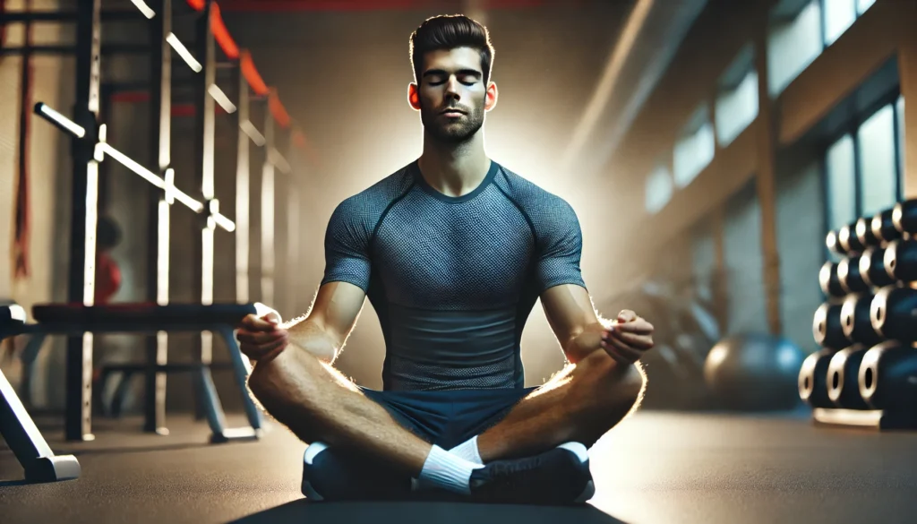 A professional athlete sits in a meditative posture in a peaceful gym setting. With eyes closed and breathing deeply, they transition from intense training to mindful recovery, capturing the essence of meditation for athletes in performance enhancement.