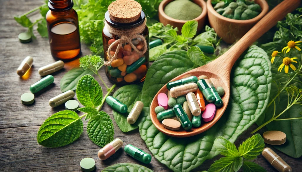 A close-up of a wooden spoon filled with colorful organic supplement capsules and herbal extracts, resting on a bed of fresh green leaves. The image represents a natural and holistic approach to multivitamin supplementation and health