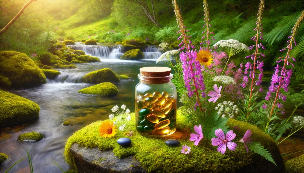 A glass jar of organic vitamins resting on a moss-covered rock, surrounded by wildflowers with a gentle stream flowing in the background. The image symbolizes purity, bioavailability, and a deep connection to nature’s healing properties.