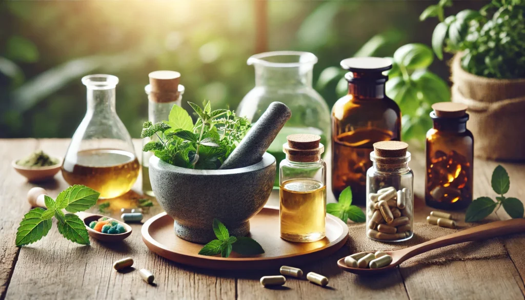 A holistic wellness setting with a mortar and pestle containing crushed herbs, accompanied by glass bottles of herbal extracts and organic supplement capsules. The soft, natural lighting enhances the sense of purity, balance, and natural healing