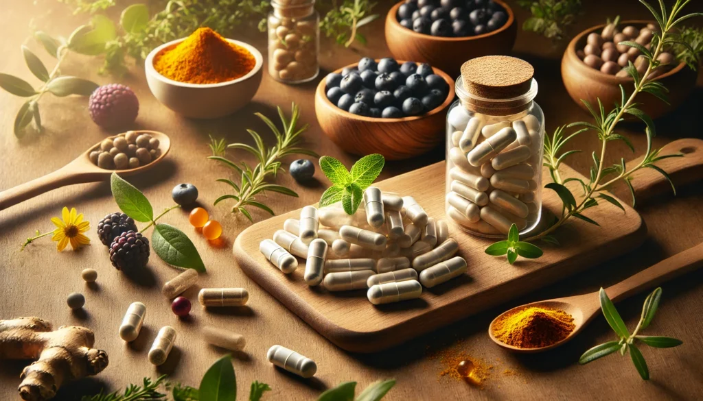 A close-up of premium supplement capsules and tablets on a clean wooden surface, surrounded by fresh herbs, berries, and turmeric, symbolizing purity and bioavailability of nutrients