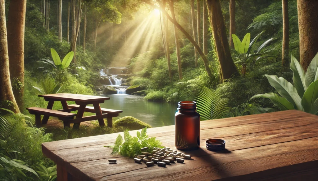 An open bottle of high-quality supplements on a wooden table, set against a lush green forest with sunlight filtering through the leaves, symbolizing a connection between nature and holistic health