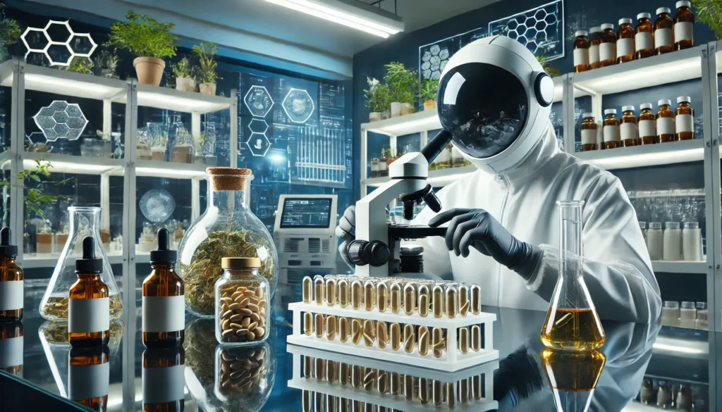 A scientist in a high-tech laboratory examining supplement capsules under a microscope, with glass beakers, plant extracts, and advanced testing equipment in the background, symbolizing quality control and scientific validation of bioavailable nutrients