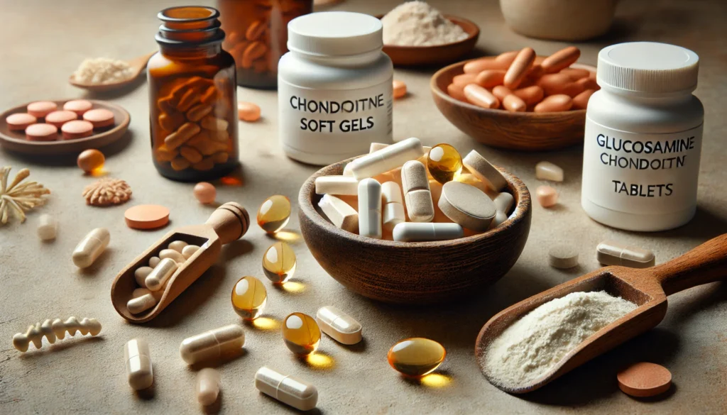  A close-up artistic display of essential supplements for bone and joint health, including glucosamine capsules, chondroitin tablets, omega-3 soft gels, and a bowl of collagen powder, arranged on a neutral-toned natural background with warm lighting