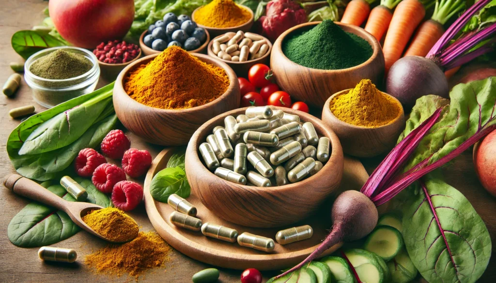 A close-up of nutrient-rich whole food supplements in powder and capsule form, made from organic fruits and vegetables, elegantly placed in wooden bowls, surrounded by fresh superfoods like turmeric, spirulina, and beets