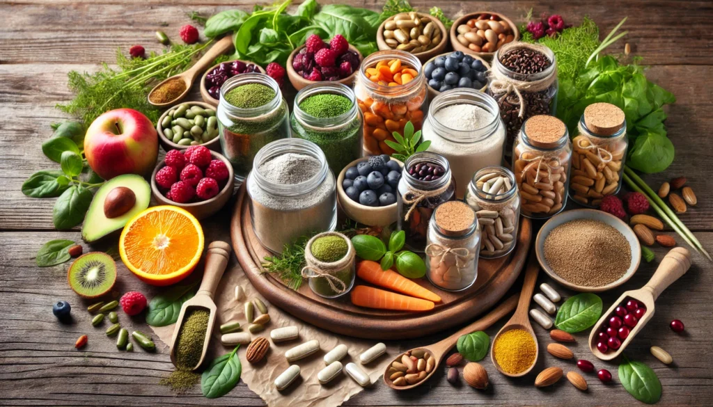 A beautiful composition of whole food vitamins and supplements derived from nature, displayed on a wooden surface with nutrient-rich ingredients such as leafy greens, berries, nuts, and seeds, alongside glass jars filled with natural powders and capsules