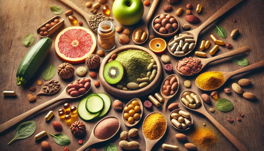 An artistic flat-lay arrangement of whole food supplement ingredients such as nuts, seeds, fruits, and vegetables, surrounding wooden spoons filled with natural vitamin powders and capsules, illuminated by warm lighting to enhance textures and vibrant colors