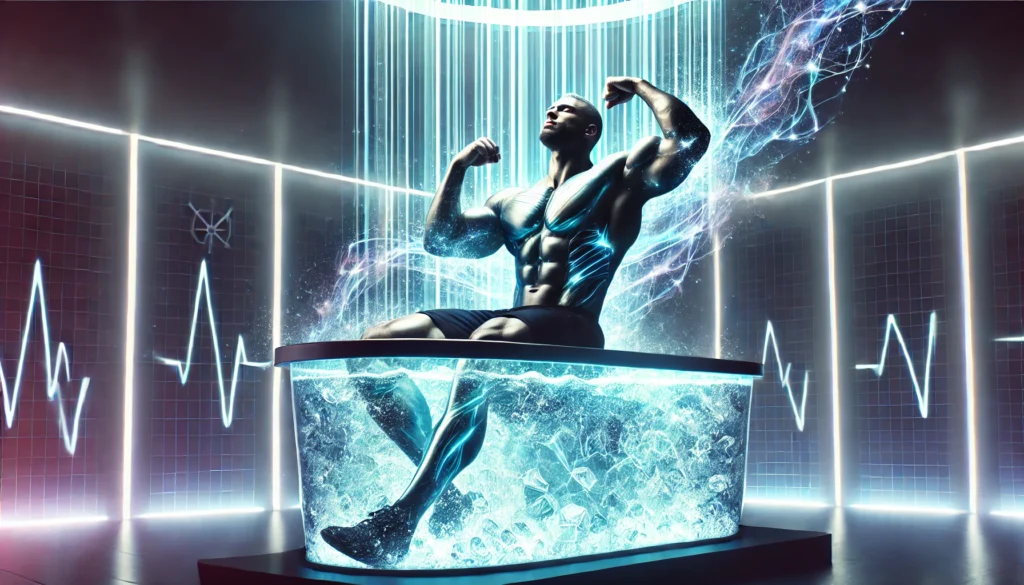  A powerful bodybuilder in an ice bath with glowing energy waves flowing through their muscles, symbolizing muscle healing and post-workout recovery. The setting has a high-tech, futuristic design with cool blue and purple lighting