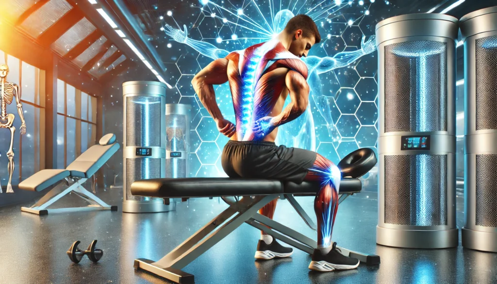 A fitness enthusiast receiving an advanced sports massage therapy in a modern gym. Their muscles glow, representing regeneration and recovery. The background includes cryotherapy machines and futuristic massage tools in a serene setting.