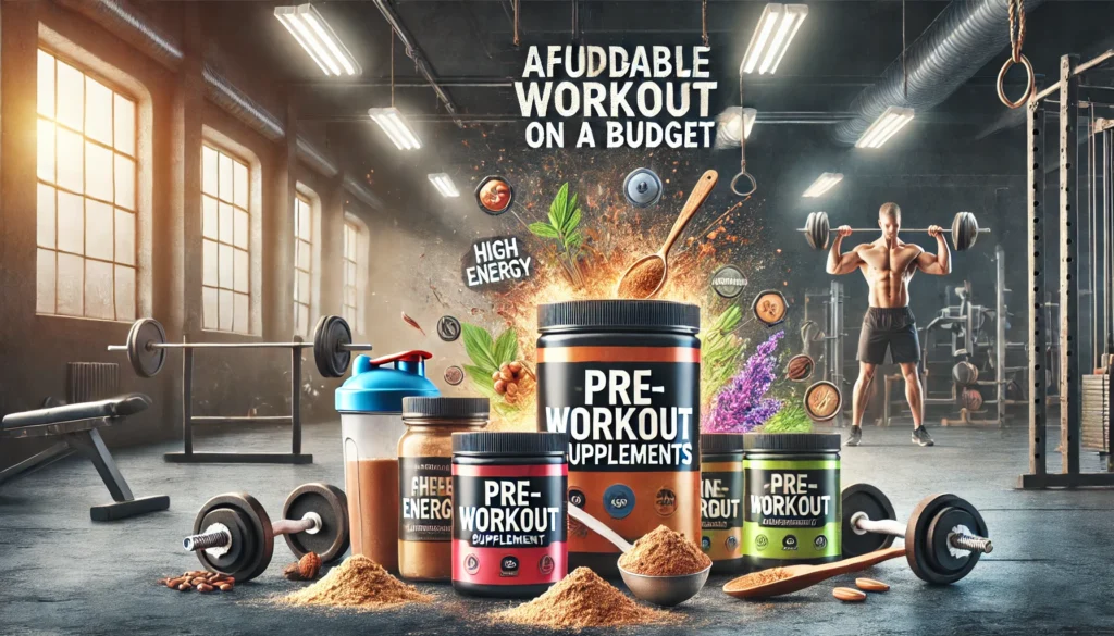 A high-energy gym environment showcasing affordable pre-workout supplements, featuring scoops of powder, shaker bottles, and supplement containers. Athletes prepare for their workout, reinforcing the theme of cost-effective performance enhancement.