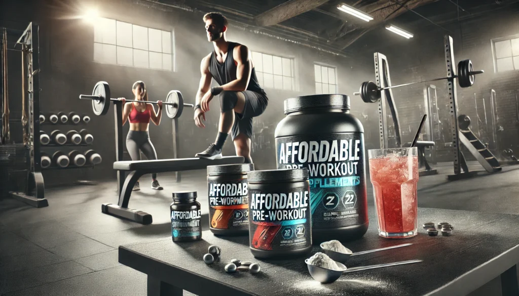 A dynamic fitness setting with low-cost pre-workout supplements displayed on a workout bench. The image highlights supplement jars, hydration drinks, and powder scoops, creating an energetic and budget-conscious atmosphere for muscle recovery and endurance