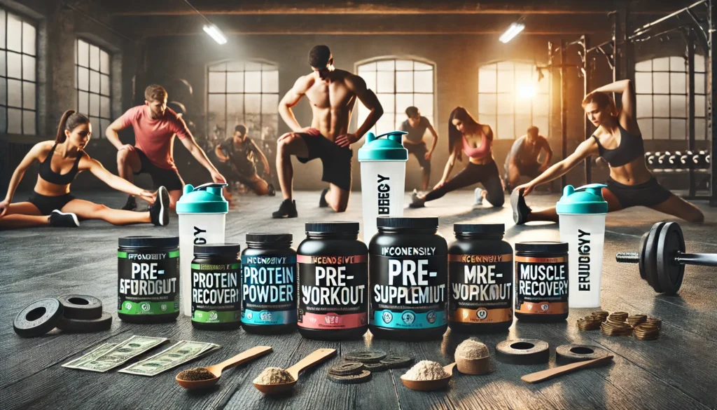  A visually engaging gym floor scene displaying inexpensive pre-workout supplements such as protein powders, shaker cups, and supplement bottles. Athletes stretch and prepare for exercise, promoting muscle recovery and peak performance without breaking the bank