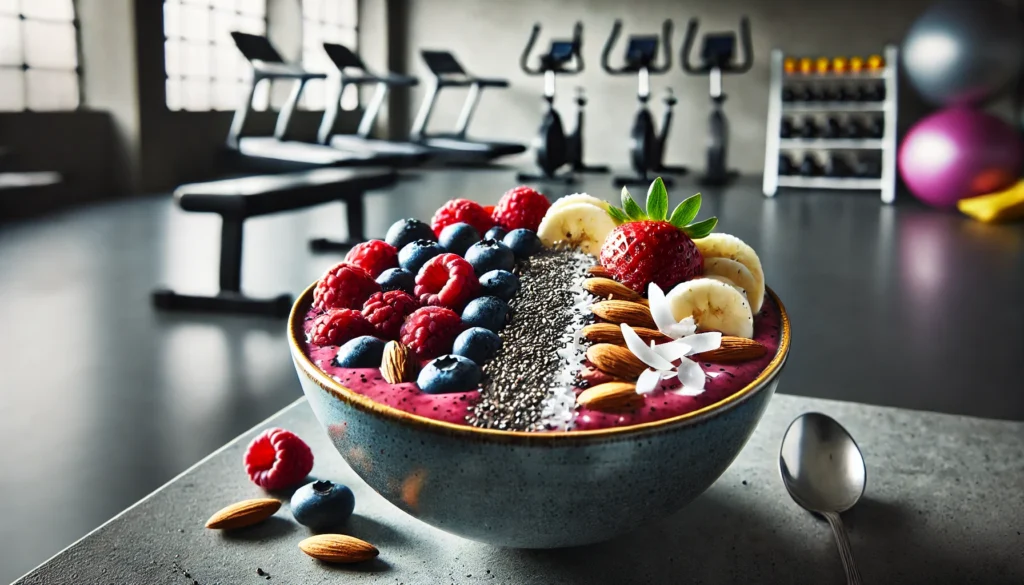 A vibrant smoothie bowl filled with blended berries, banana, and protein powder, topped with chia seeds, almonds, and shredded coconut. The meal is placed against a sleek, fitness-inspired backdrop, highlighting its refreshing and fat-burning properties.