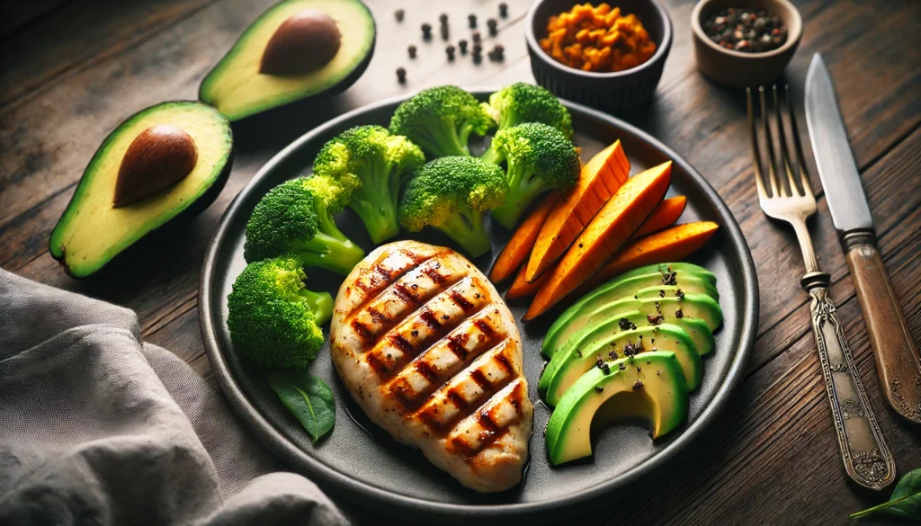 A balanced post-exercise meal consisting of a grilled chicken breast, steamed broccoli, sweet potatoes, and avocado slices. The dish is presented on a dark plate with natural lighting, symbolizing clean eating and optimal recovery.