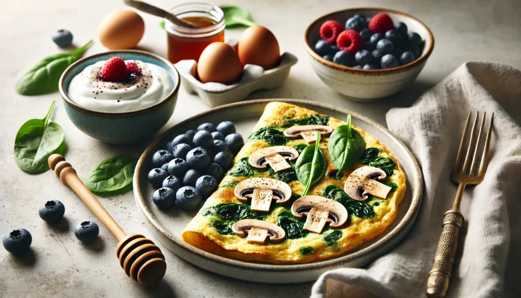 A high-protein breakfast featuring an egg white omelet with spinach and mushrooms, served alongside a bowl of Greek yogurt topped with mixed berries and honey. The minimalist kitchen setting reinforces the theme of a healthy, fat-burning post-workout meal.