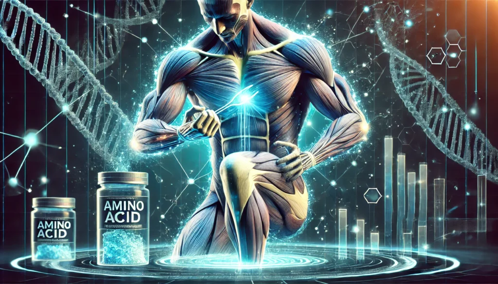 A futuristic visualization of muscle recovery, depicting an athlete’s muscles being repaired with glowing energy lines representing amino acid supplementation. The sci-fi aesthetic highlights biomechanics and advanced sports nutrition.