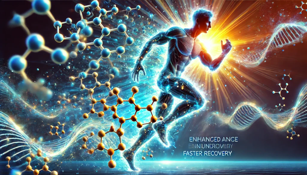 A dynamic sports nutrition concept showing amino acid molecules dissolving into a glowing energy wave, flowing into an athlete’s body. The scene represents enhanced endurance, faster recovery, and muscular strength in a futuristic style.