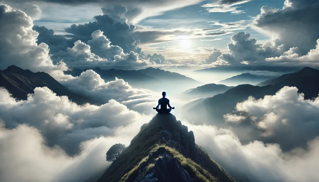 Athlete meditating on a mountain peak amidst clouds and soft sunlight, representing mental recovery and holistic athletic regeneration