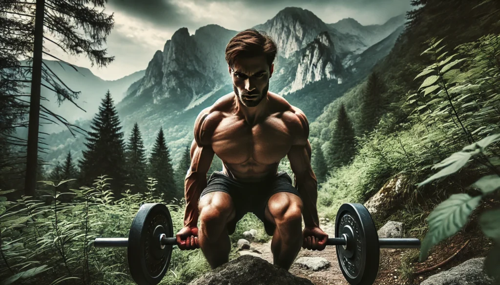 Athlete lifting weights outdoors among rugged mountains and dense greenery, showcasing peak physical performance and strength recovery connected to nature