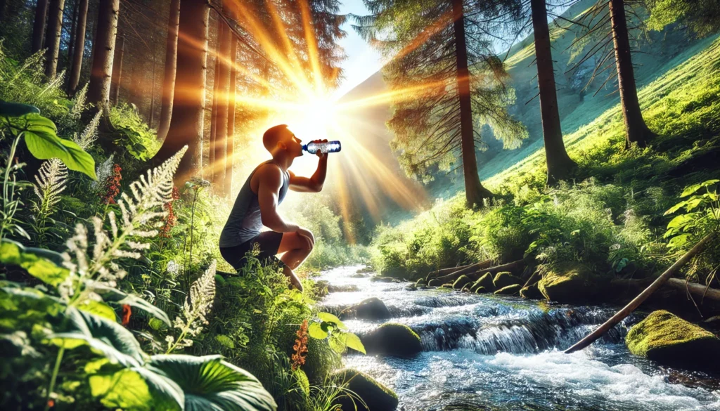 Athlete drinking from a fresh mountain stream surrounded by vibrant flora and sunlight, symbolizing natural hydration and energy replenishment