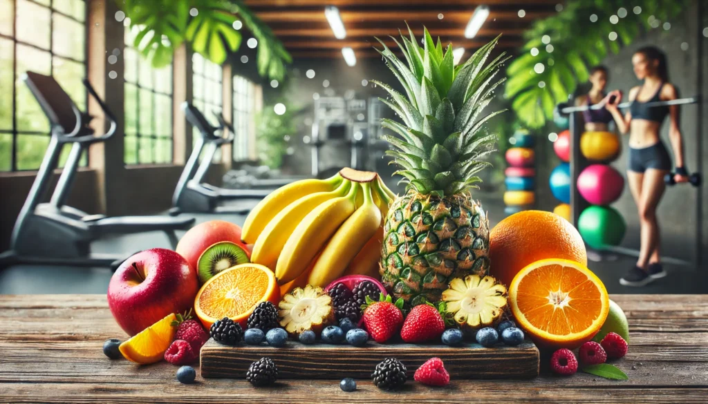 A fresh fruit platter with hydrating fruits like watermelon, oranges, grapes, and strawberries, alongside a glass of water, with a gym environment in the background