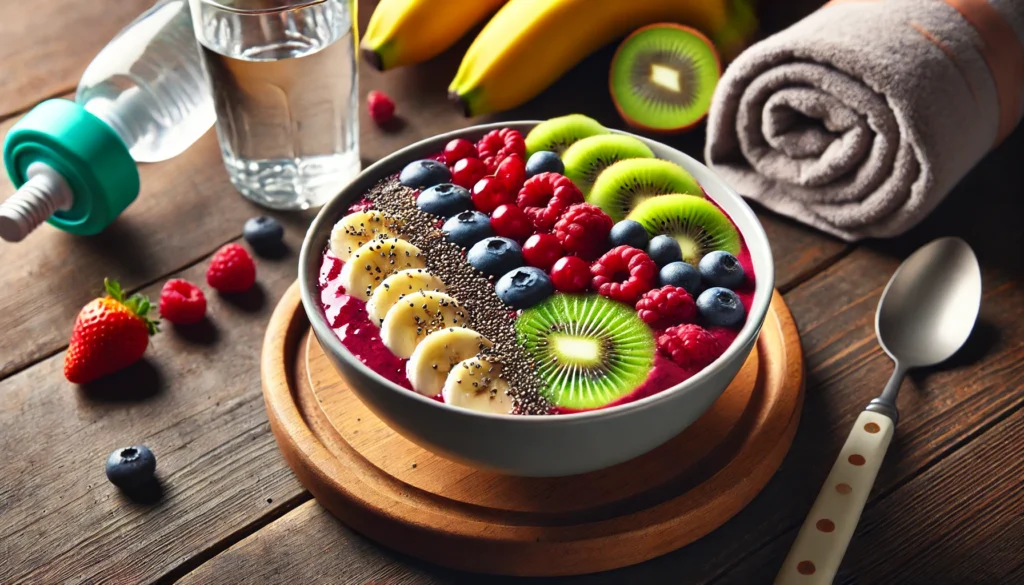 A fresh fruit and yogurt parfait with layers of mixed berries, banana slices, granola, and Greek yogurt, set against a backdrop of a yoga mat and dumbbells, symbolizing a nutritious post-workout snack for athletic recovery