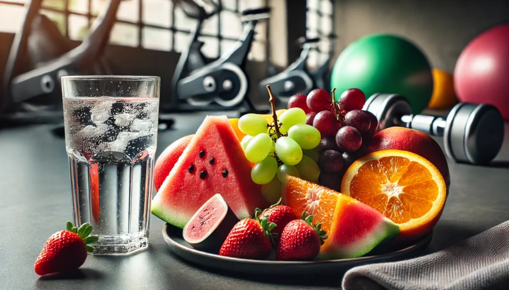 A fresh fruit platter with hydrating fruits like watermelon, oranges, grapes, and strawberries, alongside a glass of water, with a gym environment in the background