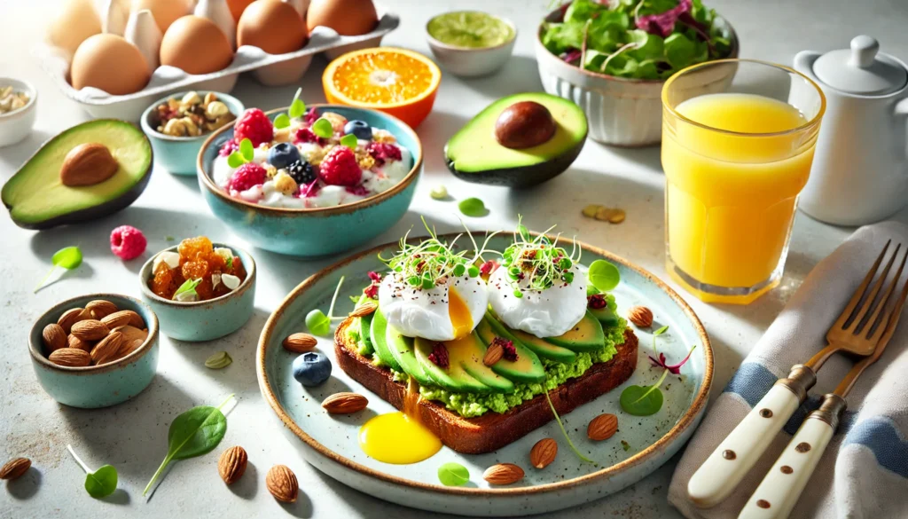 Avocado toast with poached eggs and microgreens, accompanied by Greek yogurt with mixed nuts and dried fruits, and a glass of fresh orange juice on a bright kitchen counter.