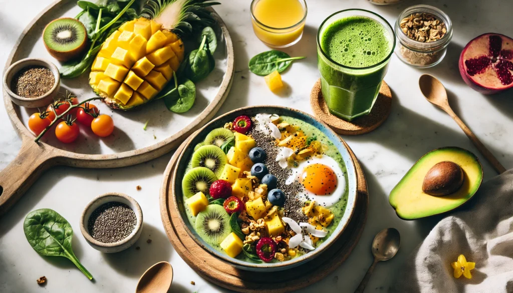 Smoothie bowl topped with tropical fruits, granola, and coconut flakes, next to scrambled eggs with spinach and cherry tomatoes, with a glass of green juice on a marble countertop