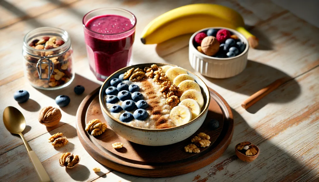 Quinoa porridge with almond milk, bananas, blueberries, walnuts, and cinnamon, served with a berry smoothie and mixed nuts on a minimalist wooden table