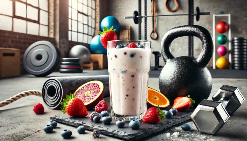 Creamy protein shake in a glass garnished with strawberries and blueberries, placed alongside gym equipment including a kettlebell and yoga mat, symbolizing health and muscle recovery after a workout