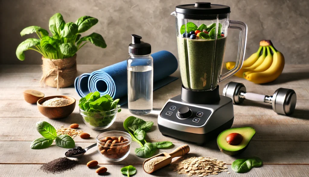 Blender filled with natural protein shake ingredients such as leafy greens, nuts, oats, and fruits, with a rolled-up yoga mat and water bottle in the background, promoting a healthy lifestyle for muscle recovery and growth