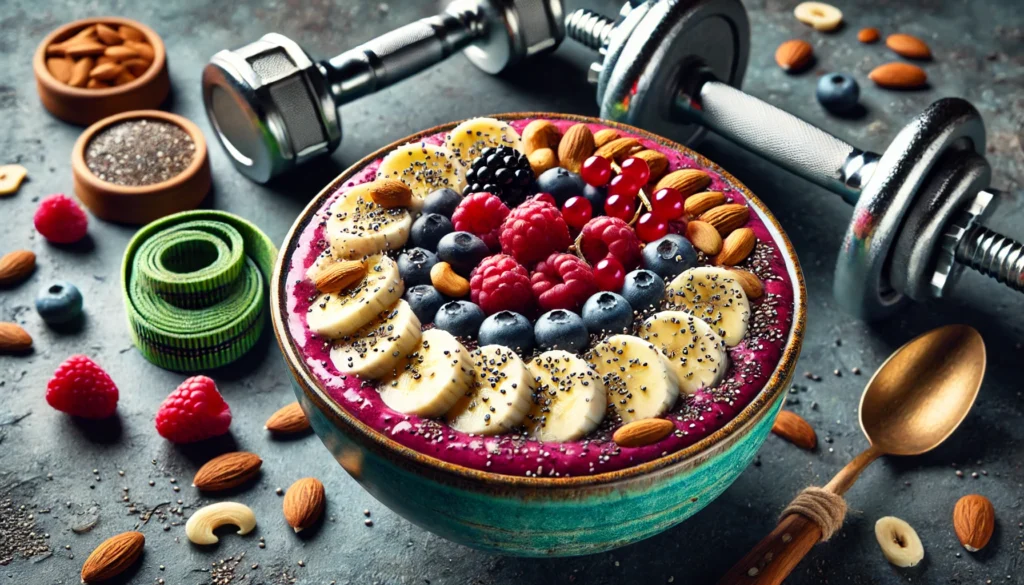 Refreshing smoothie bowl topped with sliced bananas, chia seeds, nuts, and berries, with dumbbells and a fitness band in the background, representing a post-workout recovery routine and muscle growth