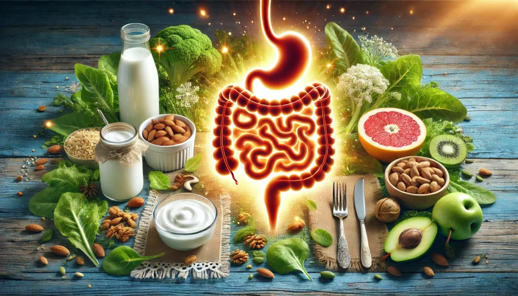 A glowing digestive system illustration surrounded by natural gut-friendly ingredients like yogurt, kefir, leafy greens, and nuts, with bright, organic lighting to represent wellness and gut health support.