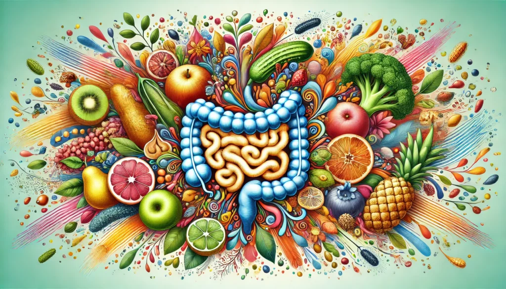 An artistic depiction of a thriving gut microbiome, represented as a colorful ecosystem of beneficial bacteria, surrounded by fresh whole foods like fruits, vegetables, nuts, and seeds, symbolizing optimal digestion and gut health