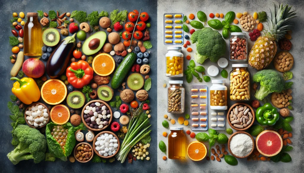 A side-by-side visual comparison of natural whole foods, including fresh fruits, vegetables, nuts, and seeds, contrasted with processed vitamin supplements in bottles, emphasizing the debate between natural nutrition and synthetic supplementation