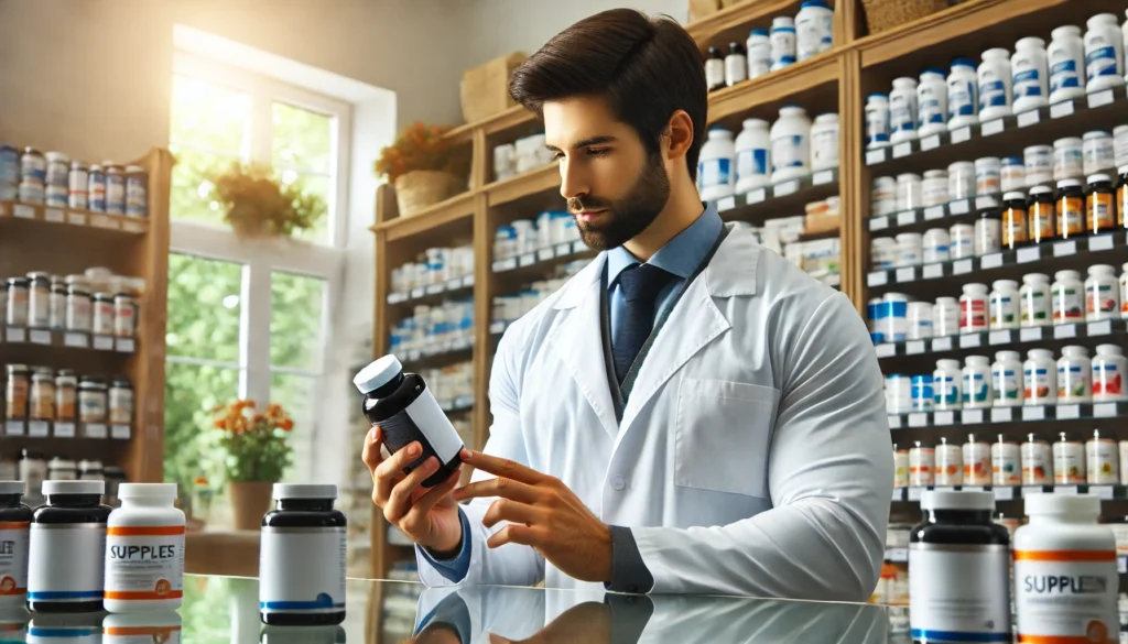  A health expert in a lab coat carefully examining a bottle of supplements in a well-stocked store, symbolizing professionalism, trust, and the importance of informed supplement selection