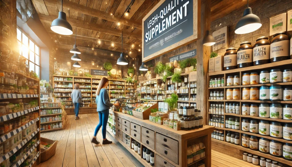  A vibrant market-style supplement store with eco-friendly packaging, natural wooden shelves, and an organic atmosphere, where customers browse and select high-quality health products