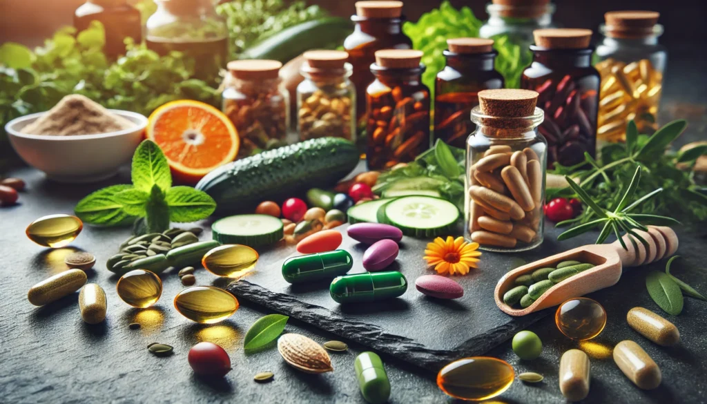 A close-up of a variety of supplement capsules and soft gels in vibrant natural colors, elegantly arranged on a dark slate surface, surrounded by fresh plant extracts and seeds, emphasizing their organic origins. A soft-focus background enhances the depth and visual appeal.