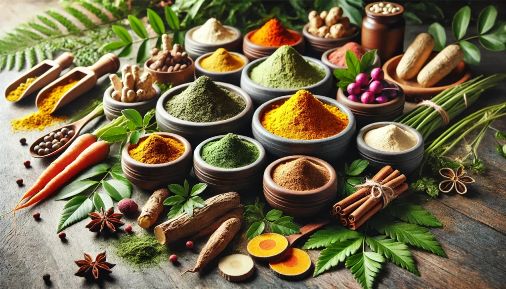 A beautifully arranged collection of powdered supplements in small ceramic bowls, featuring vibrant natural colors like green, orange, and beige, surrounded by fresh roots, leaves, and spices, highlighting their organic and plant-based origins. Soft natural lighting enhances the warm and inviting feel