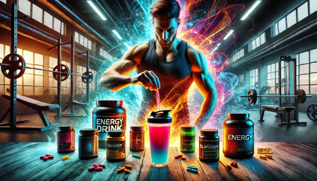 Athlete preparing a colorful energy drink before an intense workout session, surrounded by pre-workout supplements. Vibrant lighting and a modern gym setting convey motivation and readiness for peak athletic performance