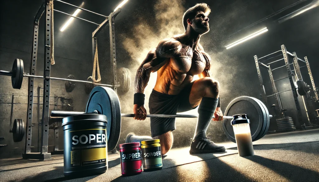 Intense weightlifting action scene with an athlete mid-rep, showcasing dramatic muscle effort. Supplement powders and shakers nearby in a hardcore gym environment, symbolizing strength and peak performance goals