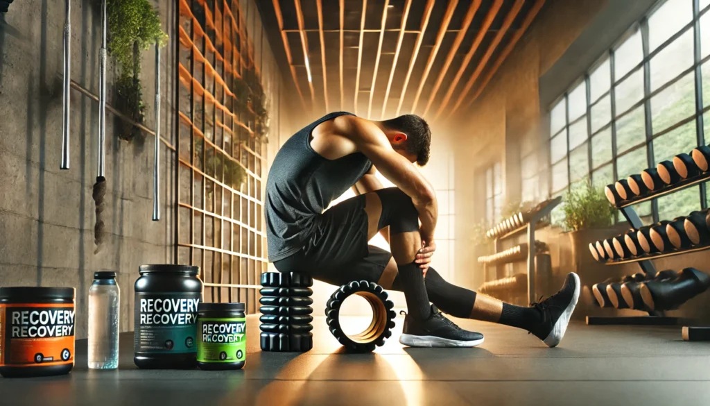 Athlete performing deep post-workout stretches with a foam roller and resistance bands in a modern gym, emphasizing muscle recovery and flexibility with recovery supplements subtly displayed in the background under soft ambient lighting