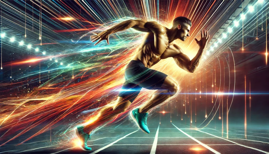 Muscular athlete sprinting at full speed with vibrant energy trails representing enhanced endurance and quick recovery on a futuristic track