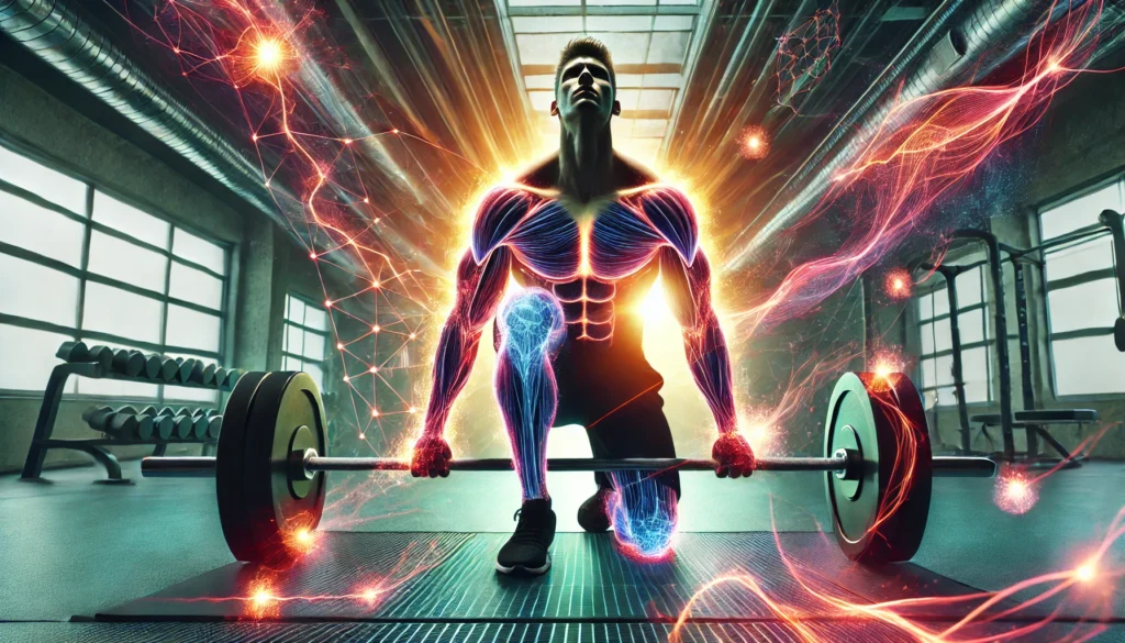 Athlete performing an intense weightlifting session with glowing energy waves illustrating muscle regeneration and recovery in a high-tech gym environment.