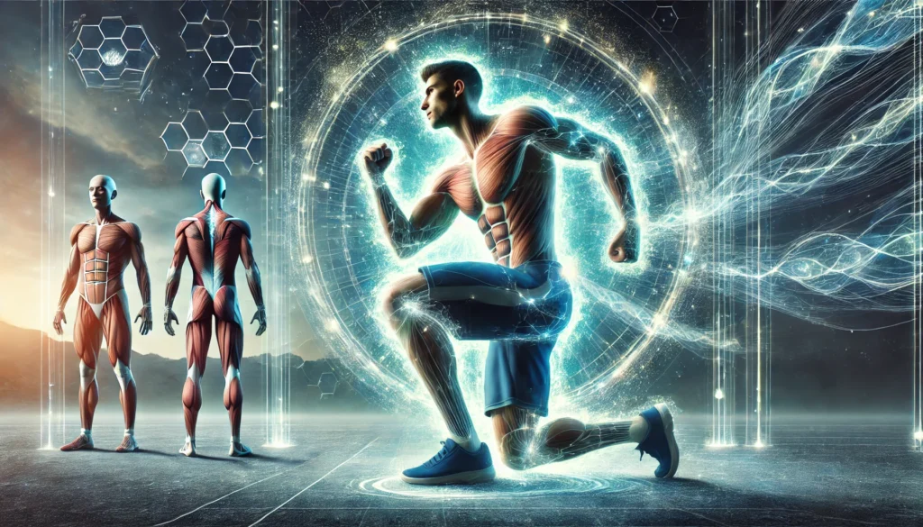 Athlete in a post-workout recovery pose surrounded by a glowing aura, symbolizing rapid muscle regeneration and enhanced vitality in a serene, futuristic setting