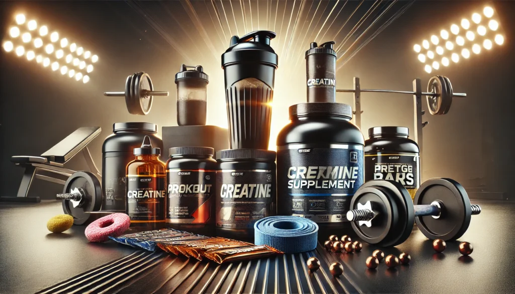 Pre-workout and post-workout supplements with athletic gear, featuring shaker bottles, protein bars, creatine containers, and energy drinks surrounded by gym equipment.