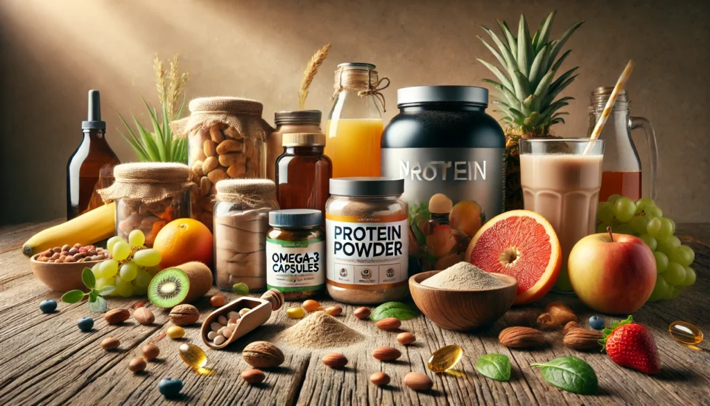 Natural supplements for athletes, including plant-based protein powder, omega-3 capsules, and organic recovery drinks, displayed with fresh fruits and nuts on a rustic wooden surface.