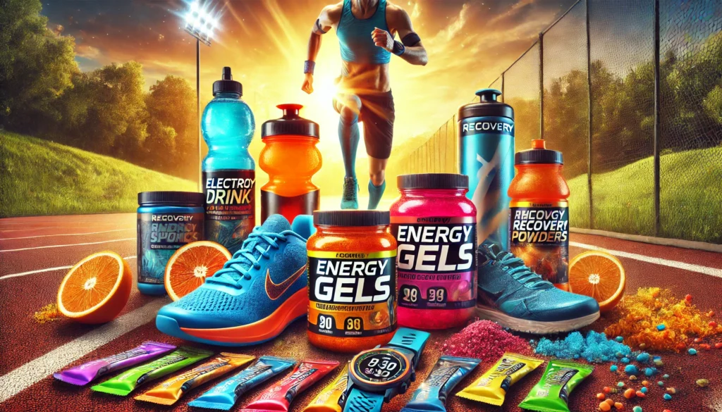 Endurance athlete supplements such as electrolyte drinks, energy gels, and recovery powders displayed outdoors with running shoes and a sports watch, capturing an energetic, active lifestyle