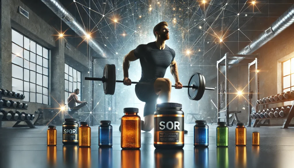 Man lifting weights in a modern gym with supplement bottles nearby, representing strength, endurance, and post-workout recovery